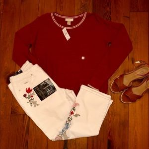 NWT Loft Red crewneck sweater w/ gold trim
